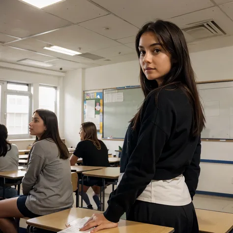 A teacher inside and in the middle of the classroom with students 