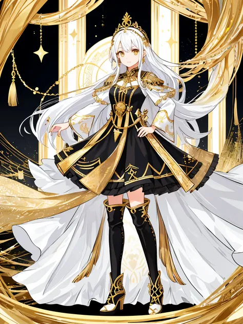 ((a girl)), full body, white hair, gold eyes, black highlights, ((idol costume)), long boots, ((high quality)), Tunisian style costume