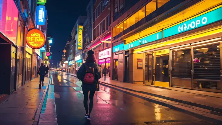 girl walking through the city at night with headphones, head down hyper-realistic-style, 8k, ultra hd, pixar, disneyvstyle, cinema 4k