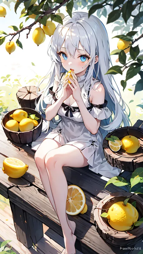 lemon tree,1girl with blue eyes and white hair,tree branch on head,wooden hands,branch,fractral,eat