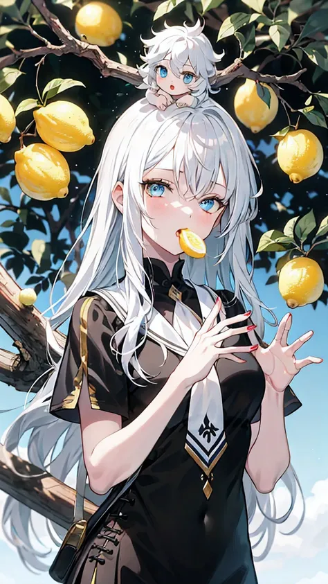 lemon tree,1girl with blue eyes and white hair,tree branch on head,wooden hands,branch,fractral,eat