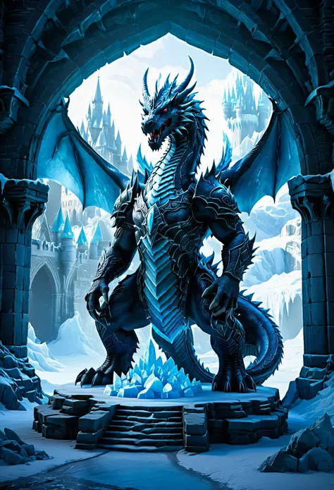 dungeons & dragons，a giant dragon statue made of ice in the center, surrounded in the style of an ancient frozen castle. unreal ...