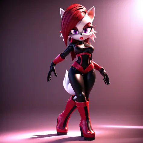 (best quality,4k,8k,highres,masterpiece:1.2),ultra-detailed,full body 3d render,sonic styled, tall, slim, medium breasts, short tail, beautiful detailed eyes,beautiful detailed lips, ruby red lipstick, extremely detailed purple eyes, long Eyelash, (((white...