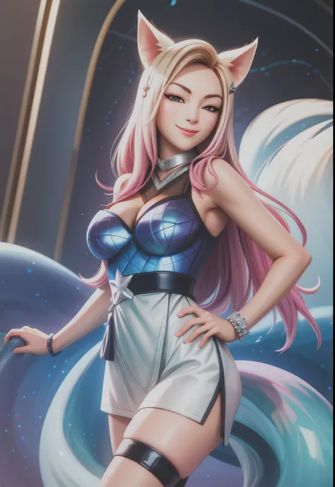 KDA_ahri, smile face,6 tails fox,anime eyes ,cowboy shot,more life on face ,smirk smile;hand on back,bigger tits,face more realistic