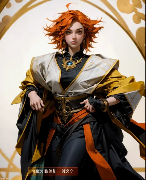 A woman with tousled vibrant red short hair, side-swept bangs, sharply arched eyebrows, sharp upward-arched thick eyebrows, sharp gaze, slender elongated face, a slim figure, a fantasy martial arts-style loose solid-color Daoist robe, wide billowing sleeve...