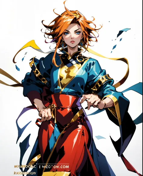 A woman with tousled vibrant red short hair, side-swept bangs, sharply arched eyebrows, sharp upward-arched thick eyebrows, sharp gaze, slender elongated face, a slim figure, a fantasy martial arts-style loose solid-color Daoist robe, wide billowing sleeve...