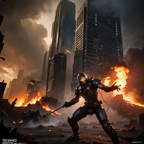 (best quality,4k,8k,highres,masterpiece:1.2),ultra-detailed,(realistic,photorealistic,photo-realistic:1.37), sci-fi, giant alien robot, destroyed metropolis, one young beautiful Japanese woman, cowboy shot, possessing the power of the fire spirit, challeng...
