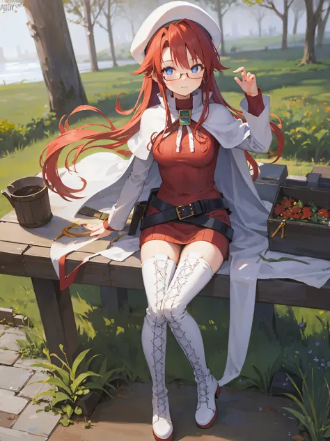 summonnightaty, aty, long hair, blue eyes, red hair, beret, hat, glasses,
BREAK long hair, thighhighs, hat, dress, boots, glasses, belt, cape, sweater, zettai ryouiki, beret, thigh boots, white footwear, ribbed sweater, loose belt,solo,
BREAK outdoors, fan...