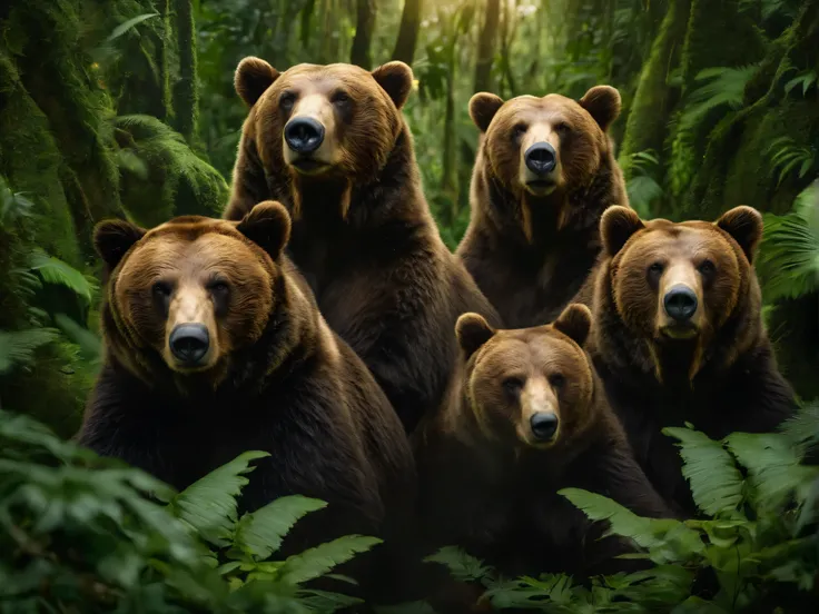 High national geographic symmetrical close-up portrait shot of an expressive three-headed bear in a green jungle
 , anamorphic lens, surreal, Super detailed, Green core, Jungle Core–ar 16:9 –q 2 –v 5