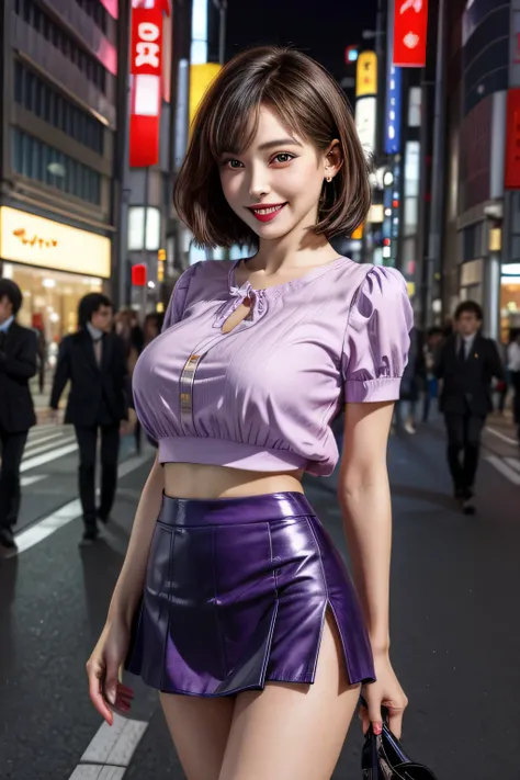 (Photoreal:1.4), (Super detailed), (highest quality), (best shadow), (masterpiece), ultra high resolution, 1 Ultimate beauty, highly detailed face, (perfect teeth), fine eyes, double eyelid, eyelash, lip details, short black hair, (light purple fancy blous...