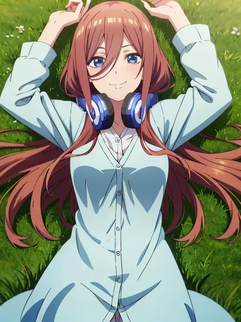 solo, 1girl, looking at viewer, anime, anime coloring, high quality solo, cowboy shot, lying, on back, on grass, spread arms, shy smile, arms up, closed mouth, miku nakano, cardigan, headphones around neck, looking at viewer, in the center,