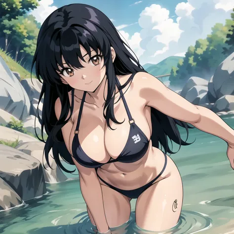 una mujer con，figura perfecta，Kagome Higurashi，De ojos marrones, pechos grandes, cabello negro azulado, bikini verde,  background a river bathing in a river, sonrisa.