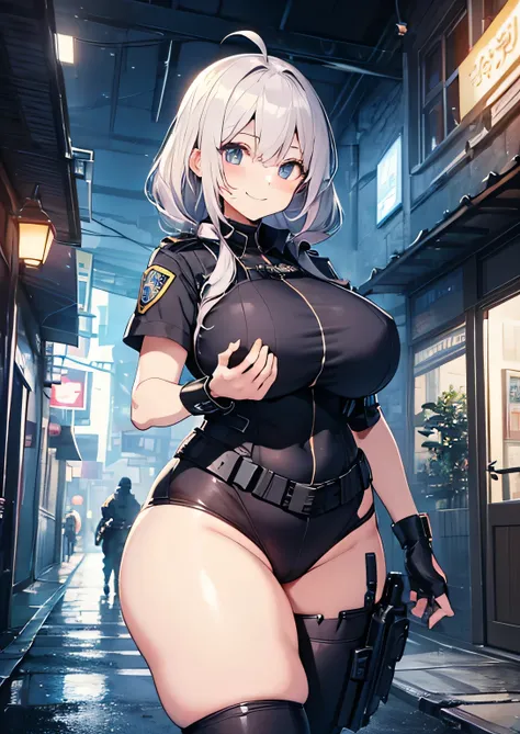 anime illustration、Highest image quality、cyber punk、A plump female police officer patrolling an alley、body armor、perfect proportions、round eyes、Ahoge、cowboy shot、Overwhelmingly big breasts beyond the norm、thick legs、Fierce smile