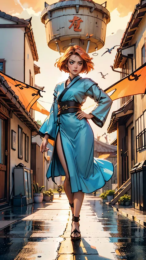 ((A woman with tousled vibrant red short hair, side-swept bangs, sharply arched eyebrows, sharp upward-arched thick eyebrows, sharp gaze, slender elongated face, a slim figure, a fantasy martial arts-style loose solid-color Daoist robe, wide billowing slee...