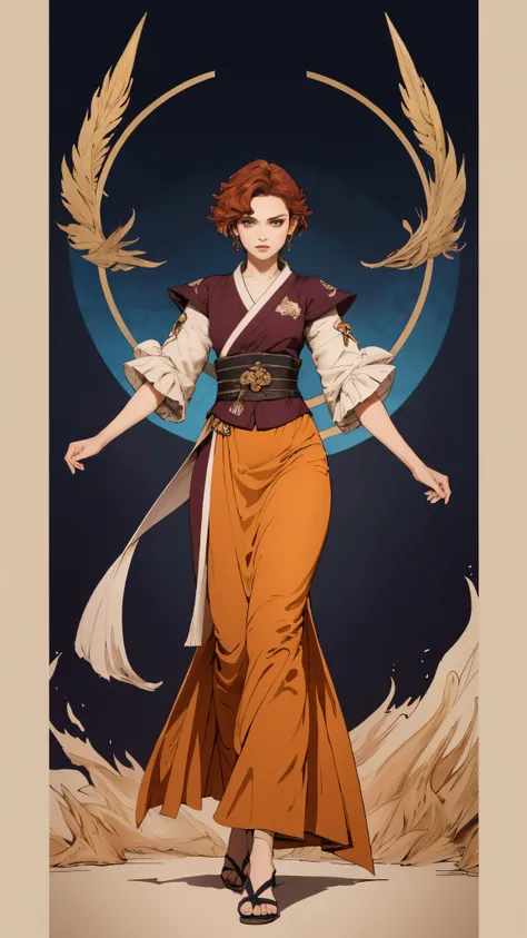 ((A woman with tousled vibrant red short hair, side-swept bangs, sharply arched eyebrows, sharp upward-arched thick eyebrows, sharp gaze, slender elongated face, a slim figure, a fantasy martial arts-style loose solid-color Daoist robe, wide billowing slee...