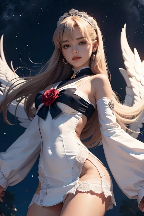 sailor moon, cheveux rose, en robe longue en dentelle, aile dange