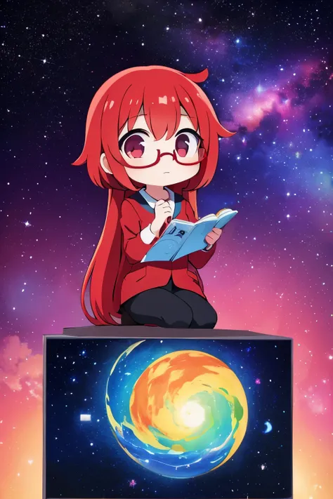 Chibi girl teaching cosmology、red glasses、Galaxy painting on background