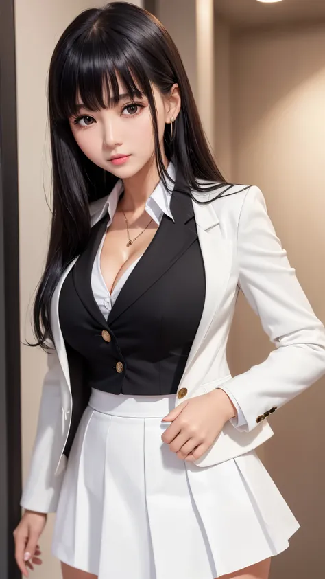 ((highest quality)), ((8k), (detailed face), (highlight), girl、cleavage、bangs、black hair、white skirt、blazer、