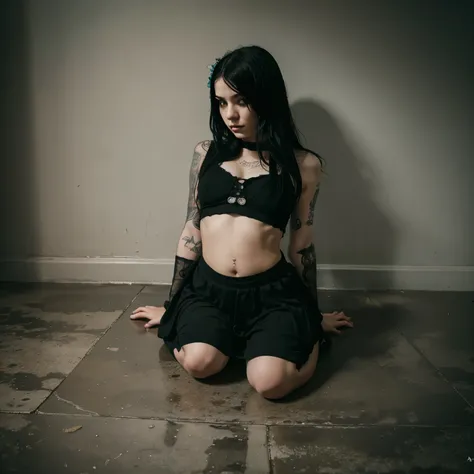 Emo goth girl who’s belly is full of water and it on the floor due to how big it is