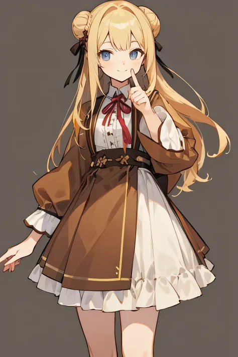 ((highest quality)), ((masterpiece)), (be familiar with), perfect face , smile with your mouth closed, Detective , blonde , long hair , bun hair ,looking at the viewer, cowboy shot,  Are standing,  1 girl, upright , Detective-like clothing , brown clothes ...