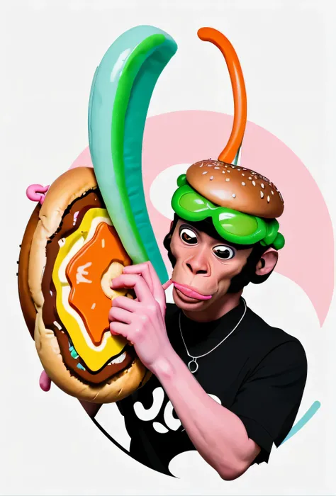 monkey eating burger, design vector, high image quality, cartoon, white background, full of neon colors, futuristic, swirls around