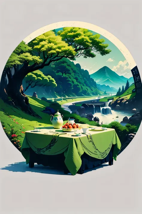 ((best quality)), ((masterpiece)), (detailed), qingming season，sunny，fresh style，no characters，square table，there are round gree...