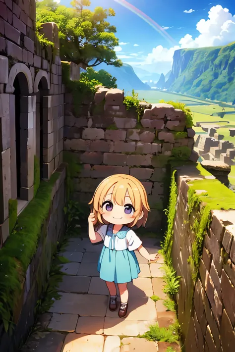 Photoreal、Chibi girl taking a commemorative photo at an ancient ruin in South America、smile