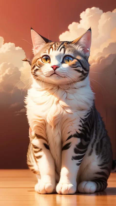 bun cat, chubby cat, cloud, bright, red color, highly detailed, masterpiece, high quality, cute creature