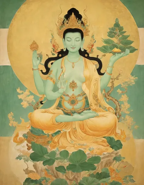 Minimalist Dunhuang fresco style illustration of a tiny monk sitting on the giant hand of Guanyin, the goddess of mercy, Dunhuang frescoes show a high degree of creativity and diversity in the use of color. It combines natural mineral and vegetable pigment...