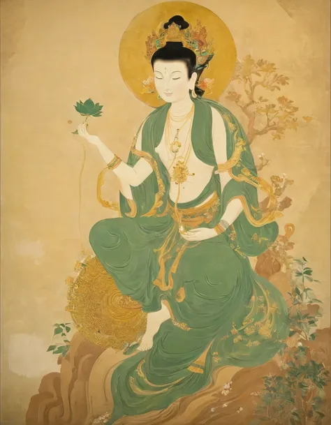 Minimalist Dunhuang fresco style illustration of a tiny monk sitting on the giant hand of Guanyin, the goddess of mercy, Dunhuang frescoes show a high degree of creativity and diversity in the use of color. It combines natural mineral and vegetable pigment...