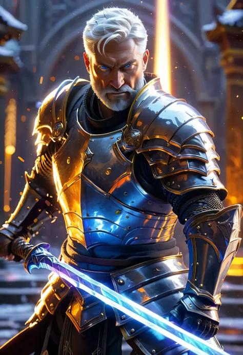 ((best quality)) , ((masterpiece)) ,((details))， a middle aged paladin in full plate armor, short white hair and beard with grey streaks, blue eyes, wielding an ice sword, action pose ready to fight, standing on the ground of his temple, vibrant colors, ca...