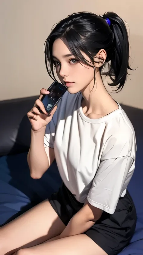 13:26:27 1 girl、A girl wearing headphones is sitting on the bed and looking at me、black hair ponytail、Idol level cuteness、A kind look、Accurately depicted faces、slender、healthy thighs、Holding your smartphone in your right hand、put on headphones、T-shirt、shor...