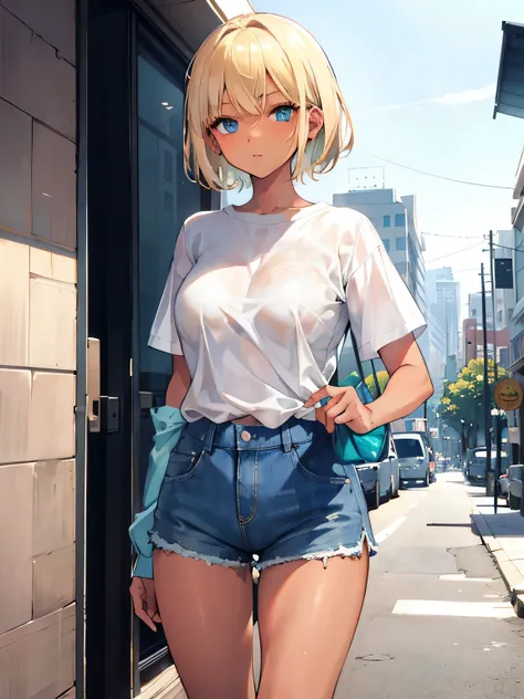 1girl, short blonde hair, blue eyes, wearing white plain shirt, wearing green shorts, tanned skin tone, brown skin color, busty, city, absurdres, high res, ultrasharp, 8k, masterpiece, looking at viewer
