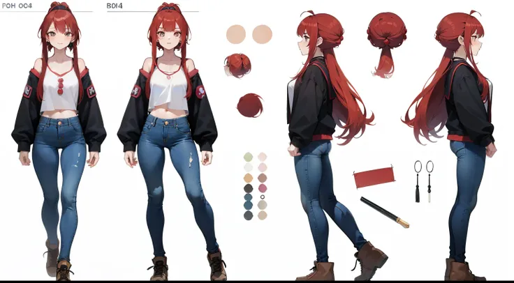 21 years old, redhead girl, Hair length to the armpits (((happy flirty look))) jeans and tight top, ((Odango hairstyle)) (((detailed character sheet, Front view, Side view, 3/4 view)))