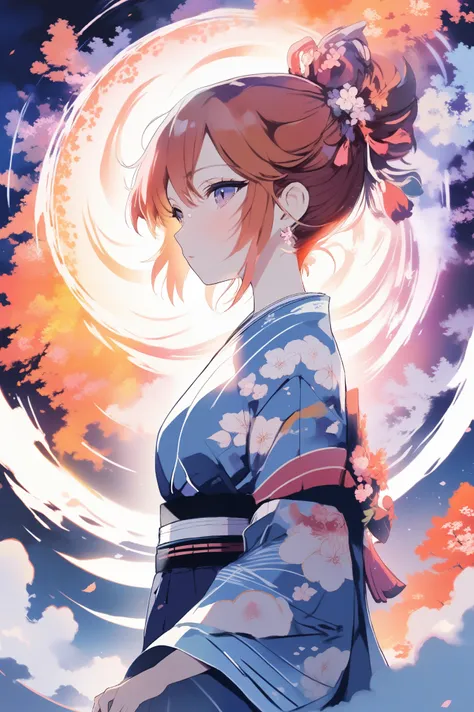 (best quality, sketch:1.2),realistic,illustrator,anime,1 girl, detailed lips, kimono,custom, neon and dark gradient background, ginger hair,textured cropping, masterpiece, style modern, anime, a girl standing looking at a spiral, trending on art station, s...