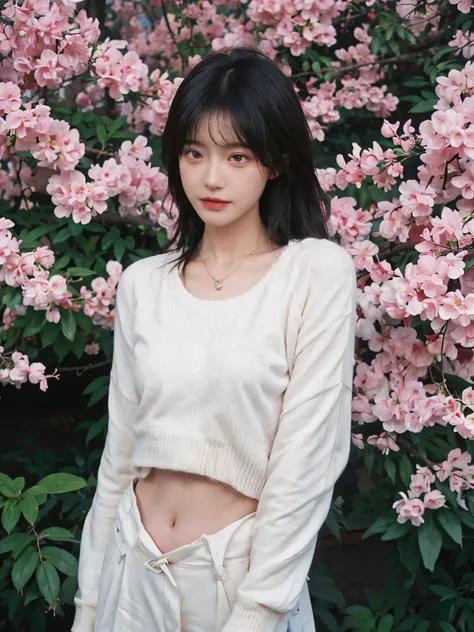 best quality， ultra high resolution， （realistically：1.4），Baoyu Girl，1 girl, long, straight hair，Looking into the distance，Under the cherry blossom tree，red short sweater，a sense of atmosphere，Beautiful woman with slim figure:1.4, abdominal muscles:1.1,,Sup...