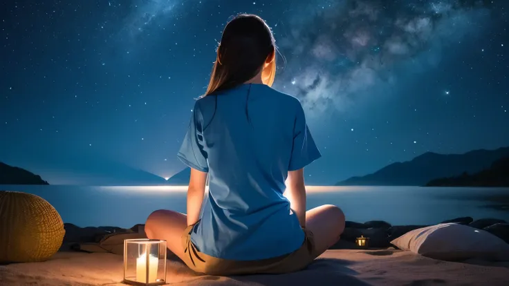 meditationの姿勢で座っている女性，back view of oriental modern woman，blue clothes。candle in front of the stars, 宇宙でmeditationするエルフの魂, sitting on a cosmic cloudscape, spiritual enlightenment, meditationしている, powerful woman sitting in space, ヒンドゥー教のmeditation段階, cosmic ...