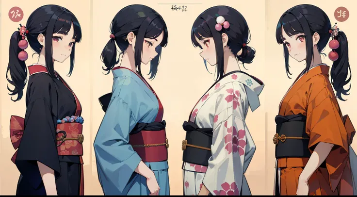 16 years old, Black Hair Girl, Hair length to the armpits (((happy flirty look))) ,japanese kimono, ((Odango hairstyle)) (((detailed character sheet, Front view, Side view, 3/4 view)))