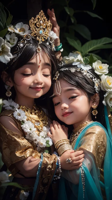 Krishna and Radha , kids character 3 years old, background black and white mountain ice,