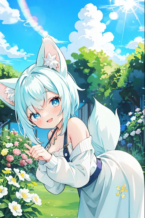 anime key visual, highres, High-quality illustrations, unparalleled masterpiece(movie of life)nature inspired imagery, romanticized views, lively illustrations, whimsical cartoonish, farm, Blue sky, clouds, florals Beautiful garden(furry anthro, solo, girl...