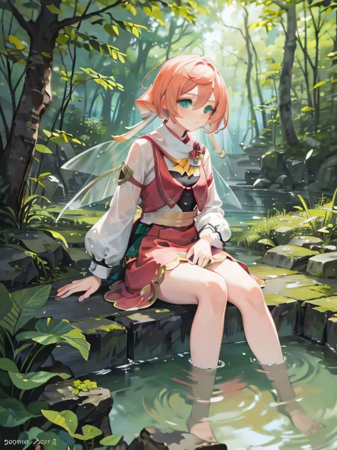 fairy in the forest，Sunlight，running water bath，fluttering leaves，Magical girl sitting on the ground，emerald green eyes，pink hair，best masterpiece