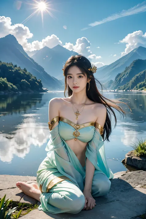 4K resolution,Ancient Chinese Women,female god,The gods, 25 years old, Handsome and sexy,white silk gauze,Golden Angel Dress,Exquisite clothing styles,Beautiful real jade pendant,Barefoot,bare shoulders,Reveal your navel,Date and time,Under your feet there...