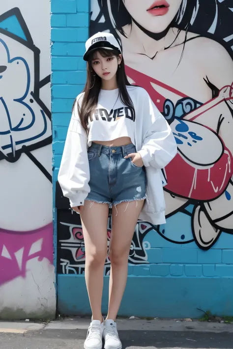 ((best quality)), ((masterpiece)), (detailed), (delicate face), perfect face, One Korean beauty in a back alley、(super detail)、(8 thousand)、((Hip Hop Fashion))、(graffiti wall)、(Full Body Sbian)、(detailed 발)、(detailed 손)、(nice face)、(standing)