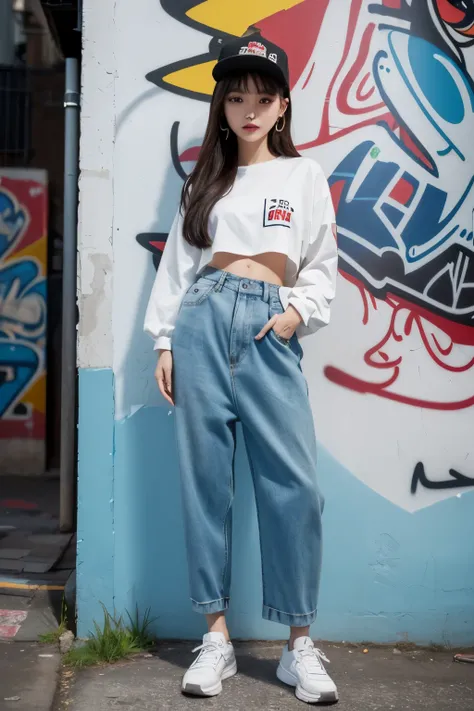 ((best quality)), ((masterpiece)), (detailed), (delicate face), perfect face, One Korean beauty in a back alley、(super detail)、(8 thousand)、((Hip Hop Fashion))、(graffiti wall)、(Full Body Sbian)、(detailed 발)、(detailed 손)、(nice face)、(standing)