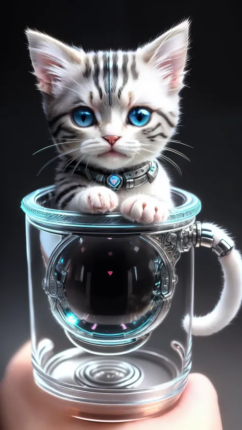 (((a cute kitten made of metal))、(intricate cyborg:1.2))、([tail | Detailed wire]:1.3)、Cat paw、(intricate-detail)、hdr、(intricate-detail、ultra-detailliert:1.2)、cinematic shot、vignettes、central、blue eyess、artistic、Getting inside a transparent cup、