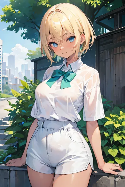 1girl, short blonde hair, blue eyes, wearing white plain shirt, green tight shorts, green overshirt, tomboy, tanned skin tone, brown skin color, busty, smiling, not sweating, city, absurdres, high res, ultrasharp, 8k, masterpiece, looking at viewer
