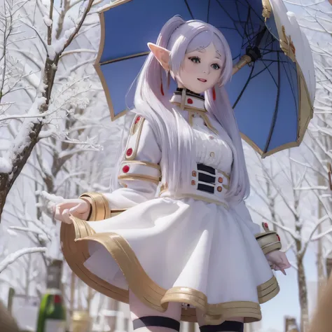 A gothic lolita with white hair standing in a snowy landscape, surrounded by frozen trees. (best quality, highres, ultra-detailed), wearing a frilly black dress and lace stockings, holding a delicate umbrella with intricate lace patterns. The white hair is...