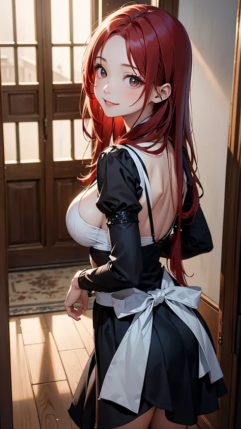 masterpiece、highest quality、８K、One female、２５age、((red hair))、long hair、attractive woman、black eyes、sparkling eyes、Beautifully drawn eyes、Challenging smile、big bust、gothic maid、(look back)、Knee to head、Hallway of the mansion、aerial perspective、pure、transpar...