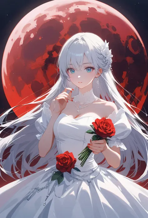 pure white hair，long hair，girl，sky blue eyes，（blood red moon：10），wearing white clothes，wedding dress，bride，there are thorns on c...