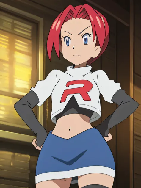 8k, masterpiece,highres, team rocket uniform, red letter r, white skirt,white crop top,black thigh-high boots, black elbow gloves, glaring angrily, looking down at viewer, hands on hips, cowboy shot, zettai ryouiki,from below, black panties,anime style, vi...